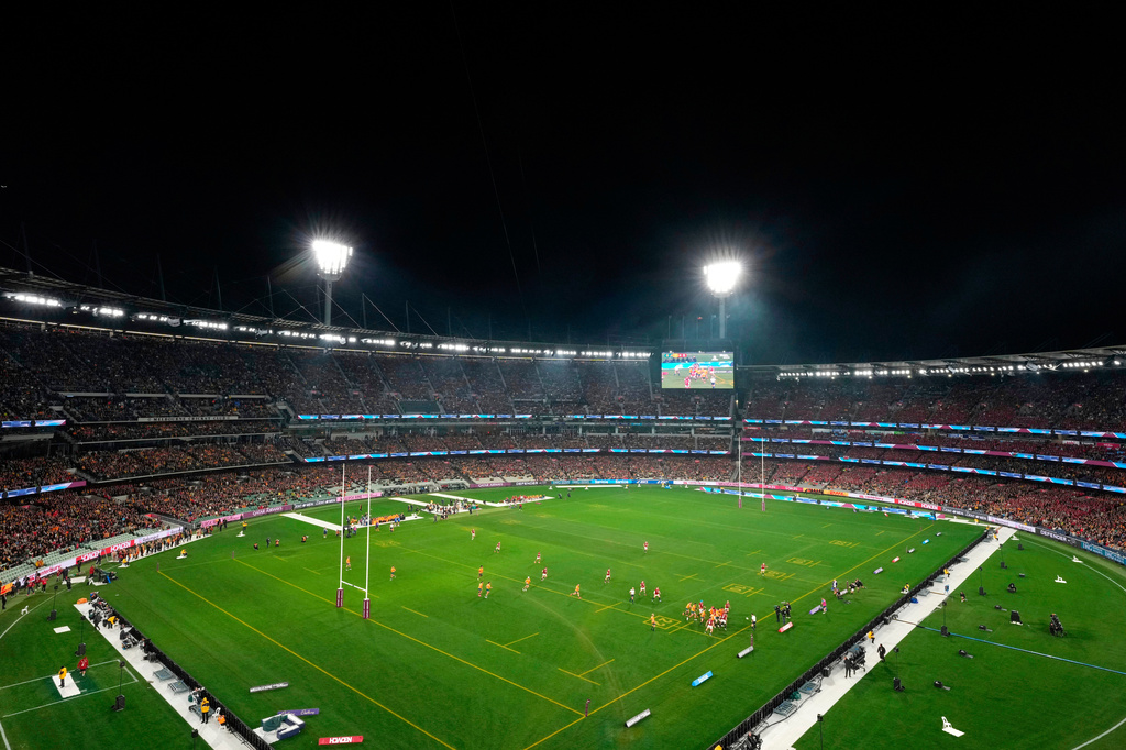 FILE - A general view during the second rugby union test between Australia and the British & Irish Lions at the Melbourne Cricket Ground in Melbourne, Australia, Saturday, July 26, 2025. (AP Photo/Asanka Brendon Ratnayake, file)