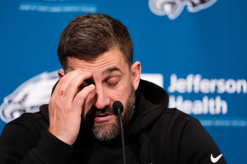 Philadelphia Eagles head coach Nick Sirianni speaks during a news conference after an NFL wild-card playoff football game against the San Francisco 49ers on Sunday, Jan. 11, 2026, in Philadelphia. (AP Photo/Chris Szagola)