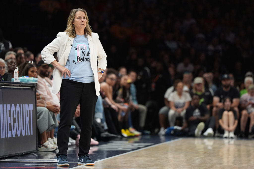 Minnesota Lynx head coach Cheryl Reeve watches play during the first half of a WNBA basketball game against the Indiana Fever, Sunday, Aug. 2, 2026, in Minneapolis. (AP Photo/Abbie Parr)