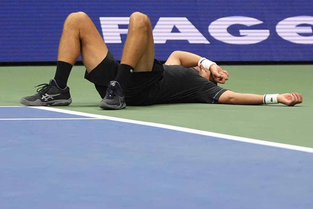 Novak Djokovic, of Serbia, reacts on the court during the first round of the U.S. Open tennis championships against Mariano Navone, of Argentina, Sunday, Aug. 30, 2026, in New York. (AP Photo/Frank Franklin II)