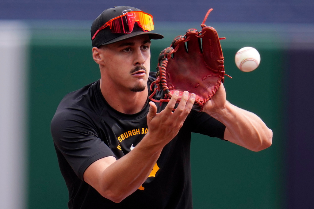 Pittsburgh Pirates' Konnor Griffin takes infield practice before making his Major League Baseball debut in the Pirates' home-opener against the Baltimore Orioles in Pittsburgh, Friday, April 3, 2026. (AP Photo/Gene J. Puskar)