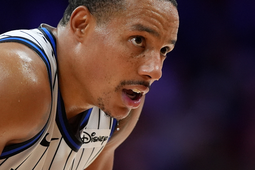 Sweat drips off Orlando Magic's Desmond Bane during the second half of an NBA play-in tournament basketball game against the Philadelphia 76ers Wednesday, April 15, 2026, in Philadelphia. (AP Photo/Matt Slocum)