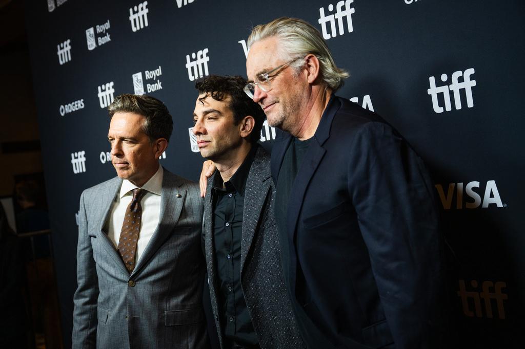 Ed Helms, from left, Jay Baruchel and Michael Dowse are pictured on the red carpet for "The Stunt Driver" at the Toronto International Film Festival in Toronto, Ontario, Friday, Sept. 11, 2026. (Laura Proctor/The Canadian Press via AP)