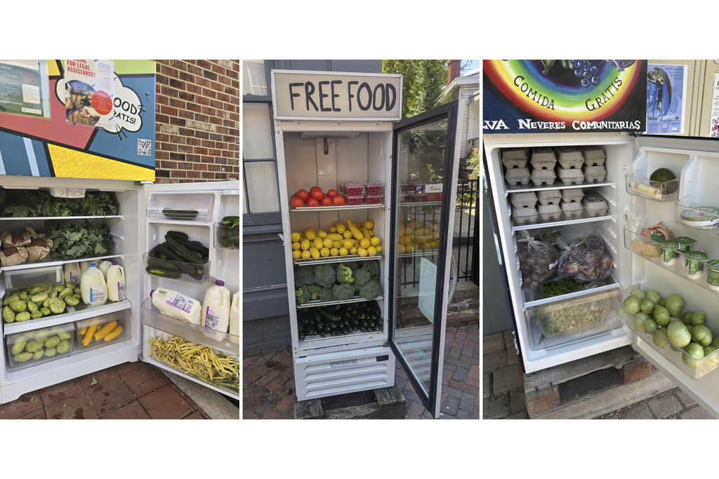 This combination of images shows three stocked refrigerators, part of the RVA Community Fridges project, located around Richmond, Va., on Sunday, Sept. 14, 2025. (Taylor Scott/RVA Community Fridges via AP)
