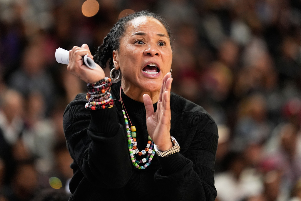 South Carolina head coach Dawn Staley reacts during the second half of an NCAA college basketball game against Texas in the final of the Southeastern Conference tournament, Sunday, March 8, 2026, in Greenville, S.C. (AP Photo/Chris Carlson)