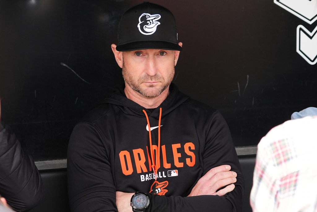 Baltimore Orioles manager Craig Albernaz talks to media in the dugout before a baseball game against the Chicago White Sox in Chicago, Wednesday, April 8, 2026. (AP Photo/Nam Y. Huh)