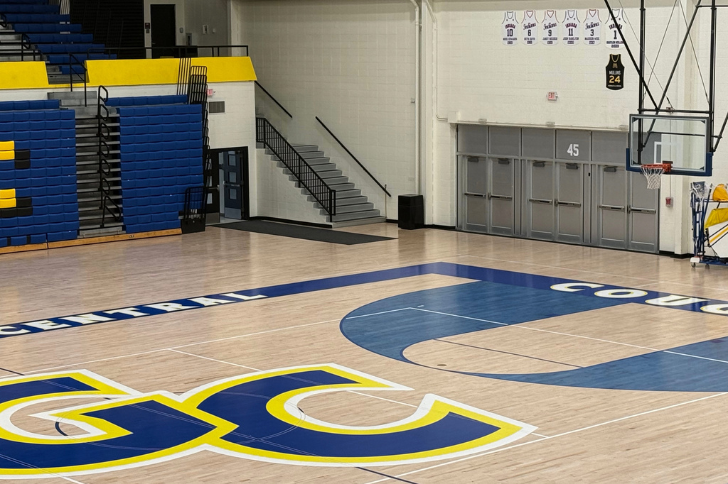 The McDonald's All-American and Indiana Mr. Basketball jersey of Braylon Mullins, who scored the game-winning basket for UConn in the Husky's Elite Eight win over Duke in the NCAA college basketball tournament, is displayed in Greenfield Central High School's gymnasium in Greenfield, Ind., Monday, March 30, 2026, following the Husky's Elite Eight win over Duke in the NCAA Tournament. (AP Photo/Mike Marot)