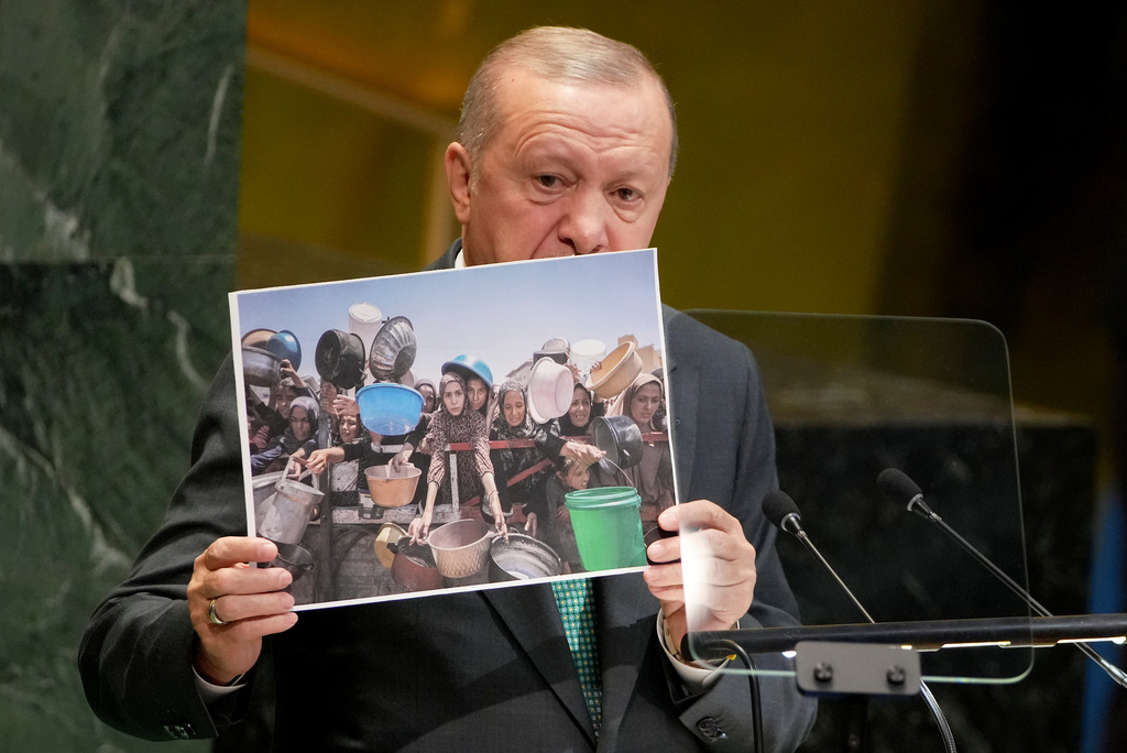 Turkey President Recep Tayyip Erdogan addresses the 80th session of the United Nations General Assembly, Tuesday, Sept. 23, 2025, at U.N. headquarters. (AP Photo/Angelina Katsanis)