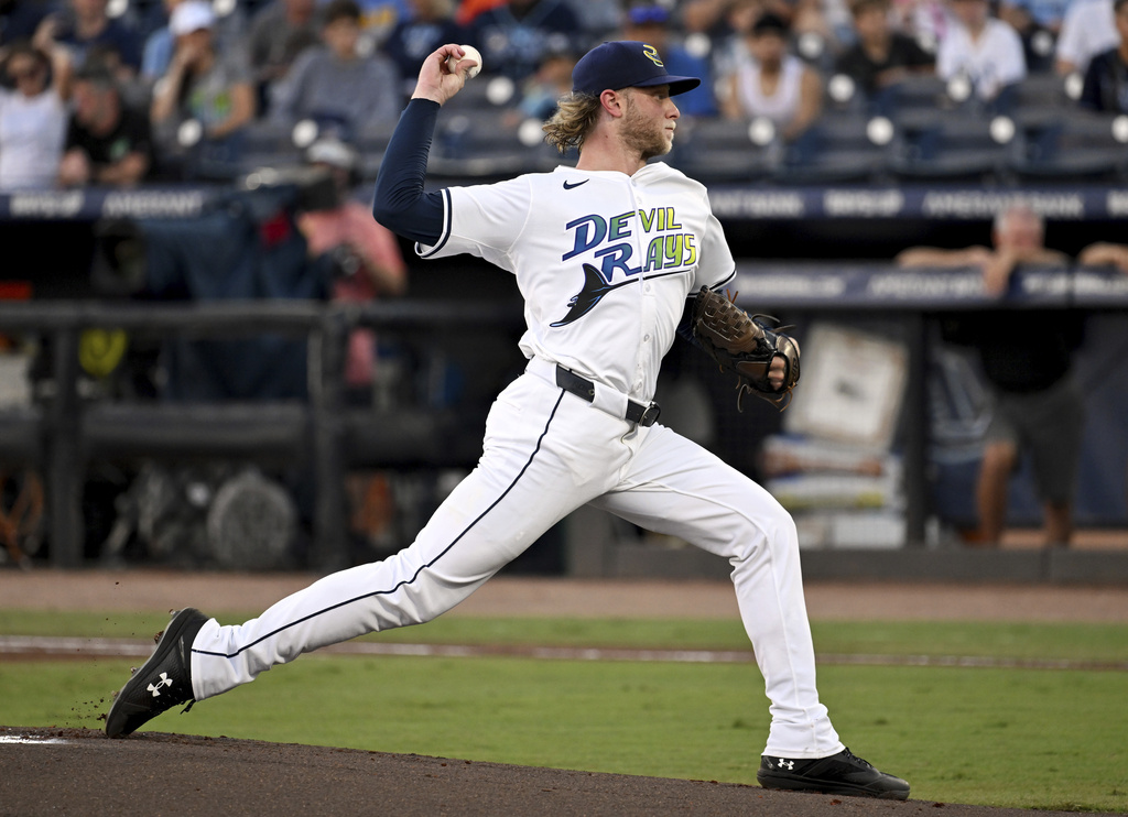 Tampa Bay Rays pitcher Shane Baz throws during the first inning of a baseball game against the Cleveland Guardians, Saturday, Sept. 6, 2025, in Tampa, Fla. (AP Photo/Jason Behnken)