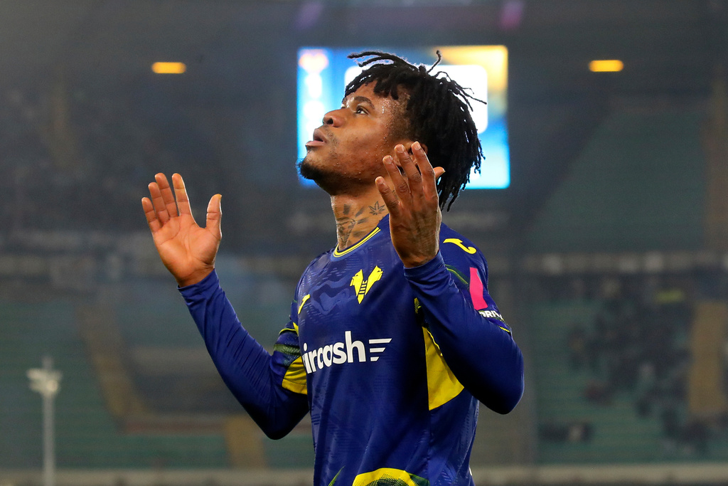 Verona's Gift Orban celebrates scoring during the Serie A soccer match between Hellas Verona and Udinese in Verona, Italy, Monday Jan. 26, 2026. (Paola Garbuio/LaPresse via AP)