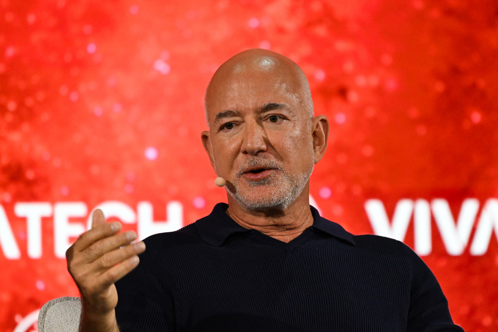 Amazon founder Jeff Bezos speaks at the Vivatech fair in Paris, Wednesday, June 17, 2026. (AP Photo/Emma Da Silva)