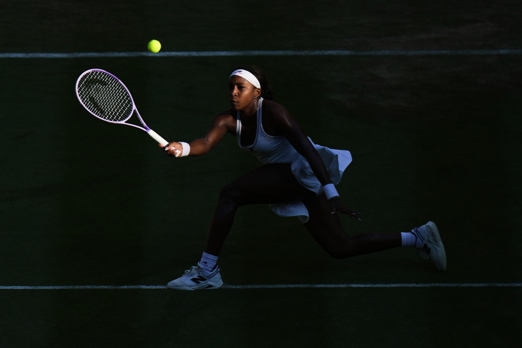 Coco Gauff of the United States plays a return during the third round women's singles match against Claire Liu of the United States at the Wimbledon Tennis Championships in London, Friday, July 3, 2026.(AP Photo/Brian Inganga)