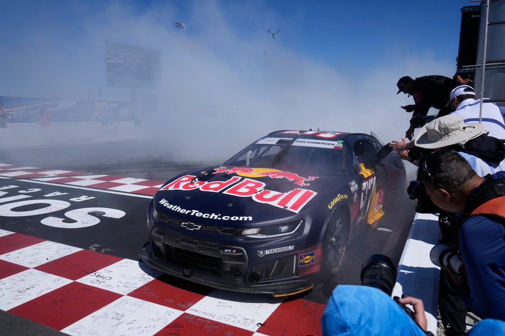 Shane van Gisbergen celebrates after winning a NASCAR Cup Series auto race at Sonoma Raceway, Sunday, June 28, 2026, in Sonoma, Calif. (AP Photo/Jeff Chiu)