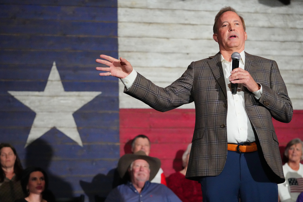 Texas Attorney General Ken Paxton, a Republican candidate for the U.S. Senate, speaks during a campaign event, Monday, Feb. 16, 2026, in Tyler, Texas. (AP Photo/Julio Cortez)