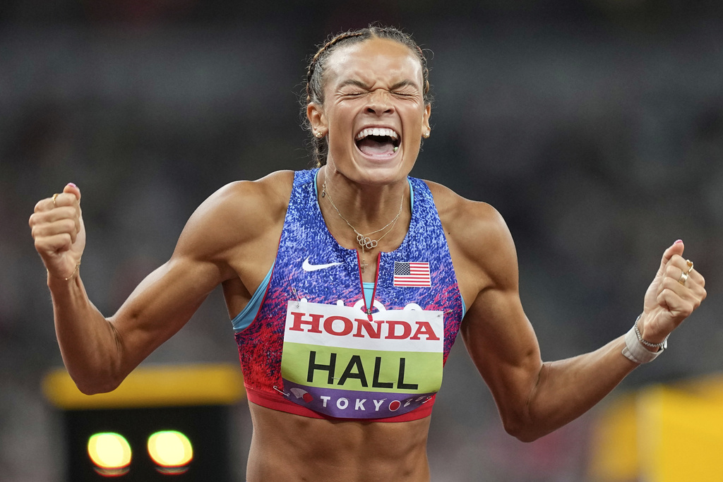 United States' Anna Hall reacts as she wins the gold medal after the heptathlon 800 meters at the World Athletics Championships in Tokyo, Saturday, Sept. 20, 2025. (AP Photo/Petr David Josek)