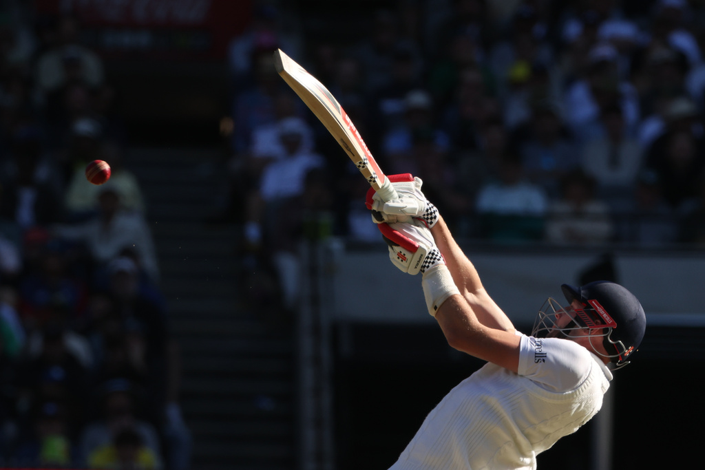 England's Gus Atkinson bats against Australia during their Ashes cricket test match in Melbourne, Friday, Dec. 26, 2025. (AP Photo/Hamish Blair)