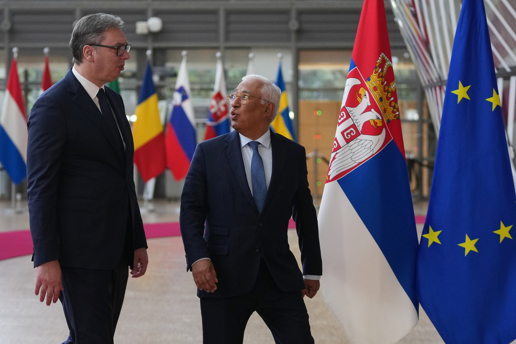 European Council President Antonio Costa, right, walks with Serbia's President Aleksander Vucic prior to a meeting at the European Council building in Brussels, Belgium, Tuesday, Nov. 4, 2025. (AP Photo/Virginia Mayo)