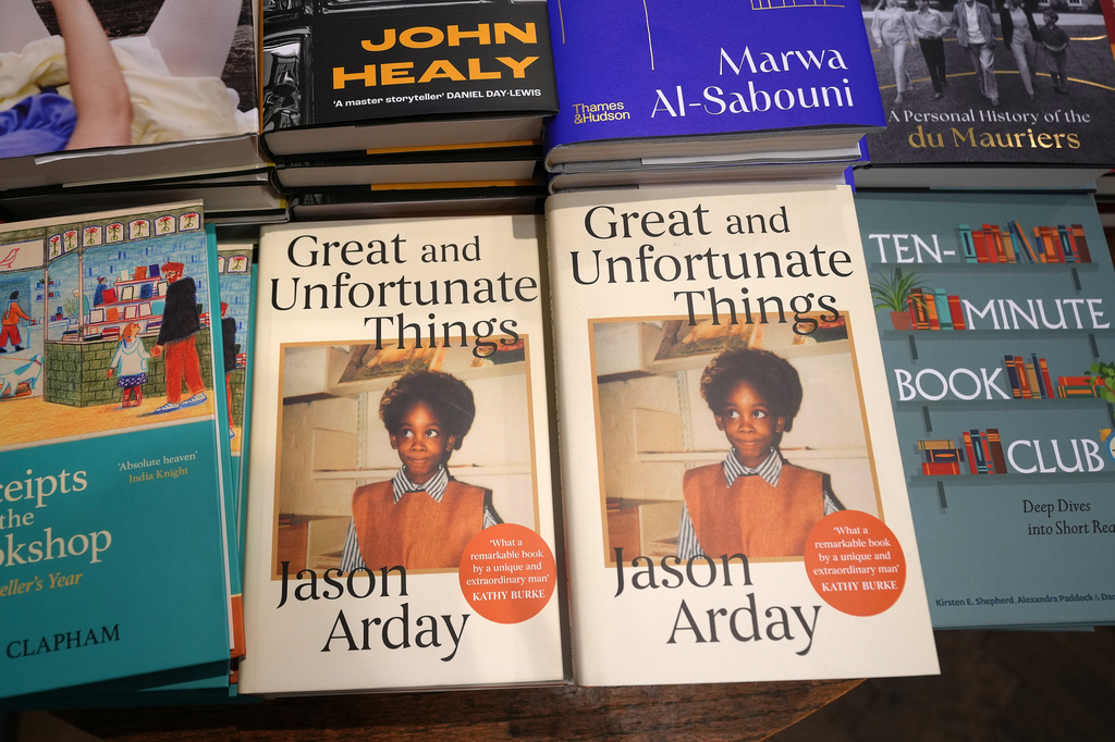 Former Cambridge Professor Jason Arday's memoir, "Great and Unfortunate Things" is on display at a book shop in London, Thursday, Aug. 27, 2026. (AP Photo/Frank Augstein)