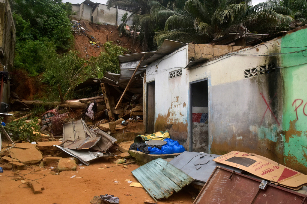 A house damaged by landslides in an informal settlement of Attecoube, in Abidjan, Ivory Coast, Tuesday, June 30, 2026. (AP/Photo Diomande Ble Blonde)