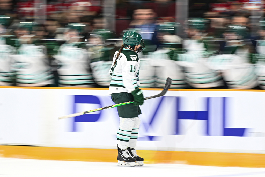 Boston Fleet's Abby Newhook (19) celebrates her goal with teammates during the first period of an PWHL hockey game in Ottawa, Saturday, Feb. 28, 2026. (Spencer Colby/The Canadian Press via AP)