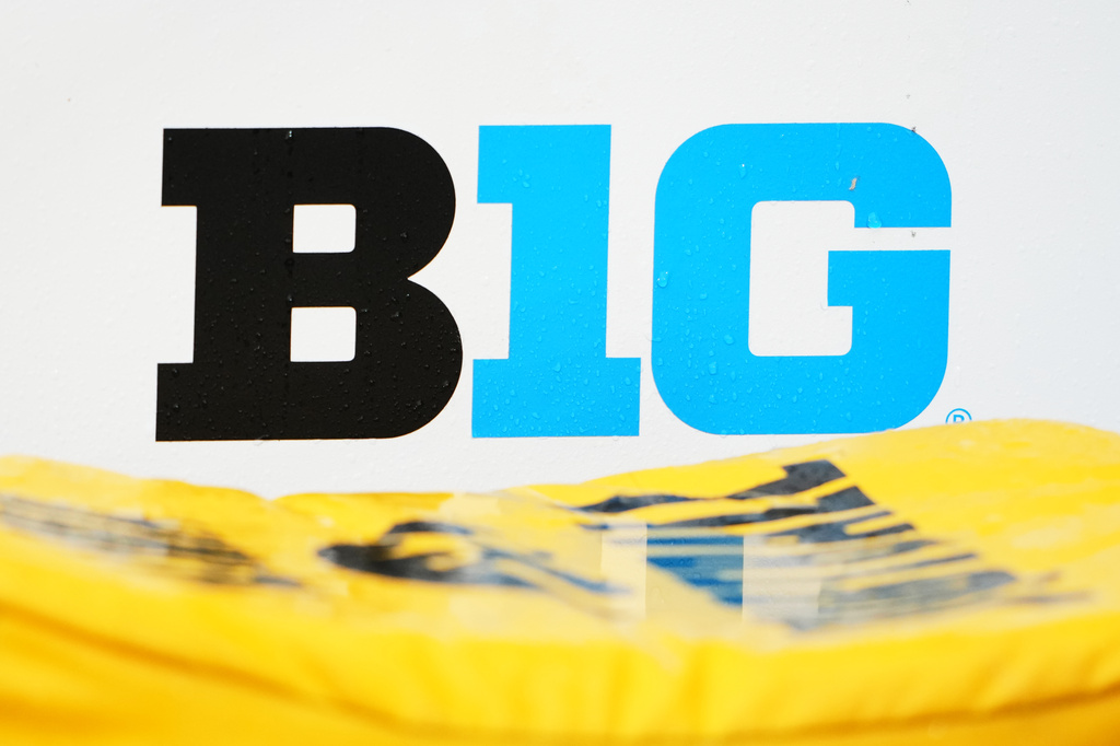FILE - The Big Ten logo is seen before an NCAA college football game between Washington and Iowa, Oct. 9, 2026, in Seattle. (AP Photo/Lindsey Wasson, File)