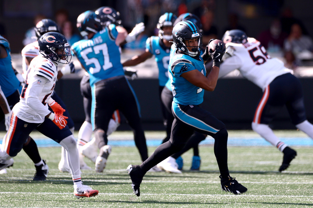 Carolina Panthers wide receiver Jalen Coker (18) makes a catch during the second half of an NFL football game, Sunday, Sept. 13, 2026, in Charlotte, N.C. (AP Photo/Scott Kinser)