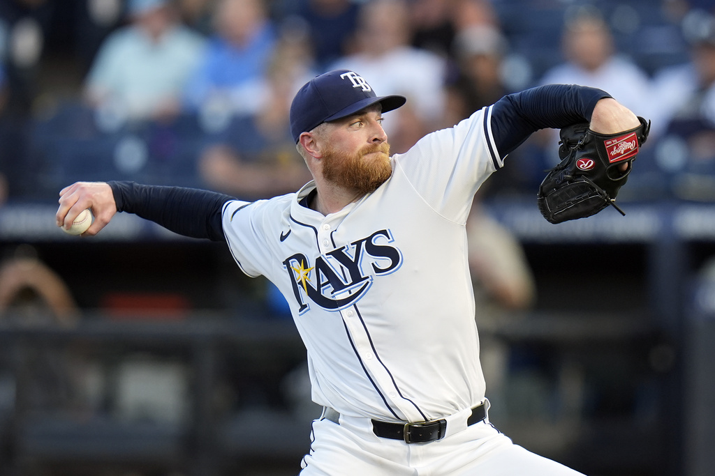 Tampa Bay Rays pitcher Drew Rasmussen delivers to the New York Yankees during the first inning of a baseball game Wednesday, Aug. 20, 2025, in Tampa, Fla. (AP Photo/Chris O'Meara)