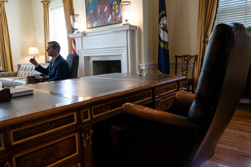 Kentucky Gov. Andy Beshear gives an interview, Monday, Jan. 12, 2026, in Frankfort, Ky. (AP Photo/Jon Cherry)