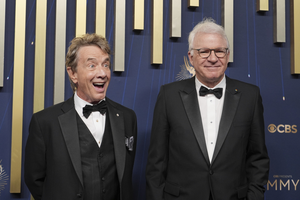 Martin Short, left, and Steve Martin arrive at the 77th Primetime Emmy Awards on Sunday, Sept. 14, 2025, at the Peacock Theater in Los Angeles. (AP Photo/Jae C. Hong)