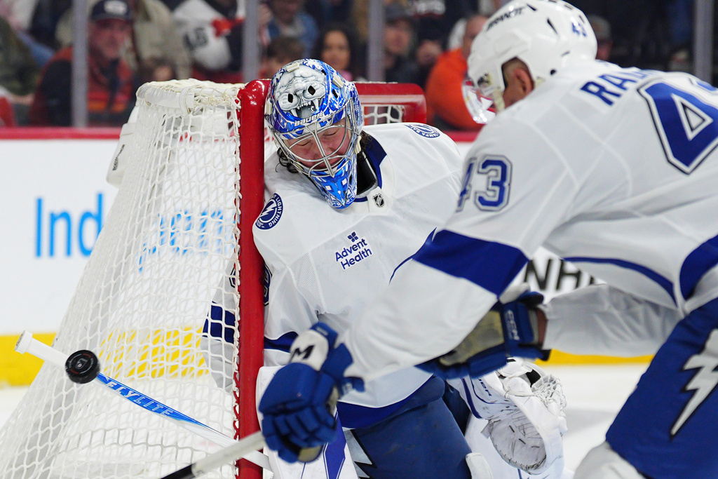 Tampa Bay Lightning goaltender Andrei Vasilevskiy makes a save during the second period of an NHL hockey game against the Philadelphia Flyers, Saturday, Jan. 10, 2026, in Philadelphia. (AP Photo/Derik Hamilton)