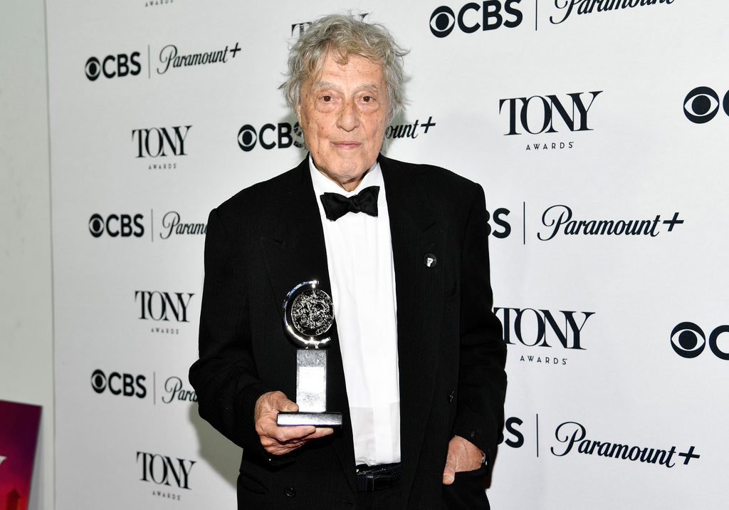 FILE - Tom Stoppard poses with the award for best play for "Leopoldstadt" in the press room at the 76th annual Tony Awards on Sunday, June 11, 2023, at the Radio Hotel in New York. (Photo by Evan Agostini/Invision/AP, File)