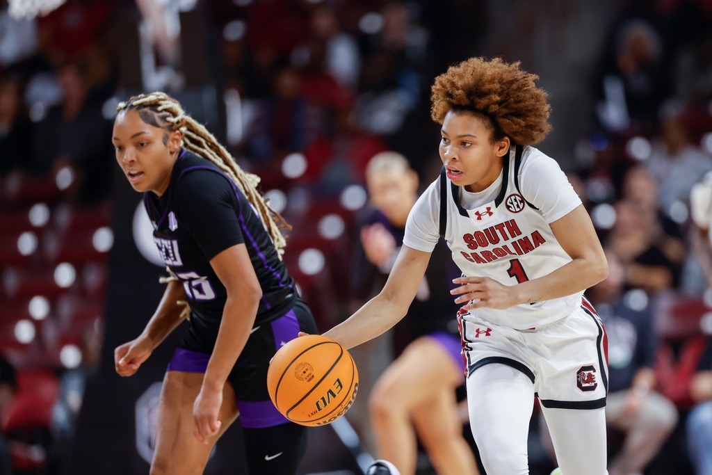 South Carolina guard Maddy McDaniel (1) pushes the ball upcourt ahead of Grand Canyon guard Ines Zounia during the first half of an NCAA college basketball game in Columbia, S.C., Monday, Nov. 3, 2025. (AP Photo/Nell Redmond)