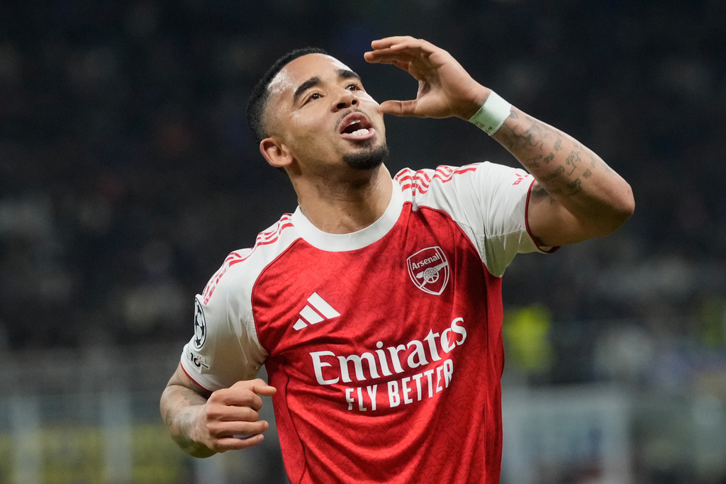 Arsenal's Gabriel Jesus celebrates after scoring his side's second goal during the Champions League opening phase soccer match between Inter Milan and Arsenal in Milan, Italy, Tuesday, Jan. 20, 2026. (AP Photo/Luca Bruno)