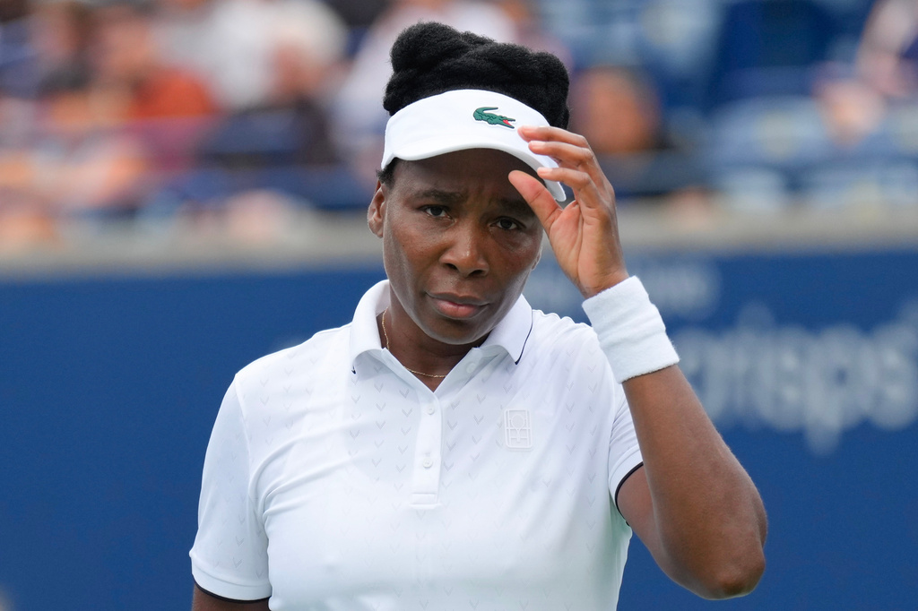 Venus Williams reacts during her straight sets defeat by Kamilla Rakhimova during the National Bank Open tennis tournament in Toronto, Sunday, Aug. 2, 2026. (Chris Young/The Canadian Press via AP)