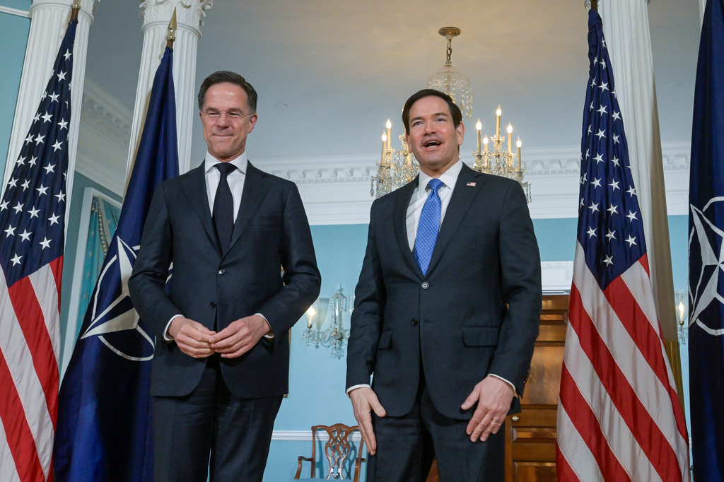 Secretary of State Marco Rubio, right, is joined by NATO Secretary General Mark Rutte, left, for a photo opportunity at the State Department, Wednesday, April 8, 2026, in Washington. (AP Photo/Rod Lamkey, Jr.)