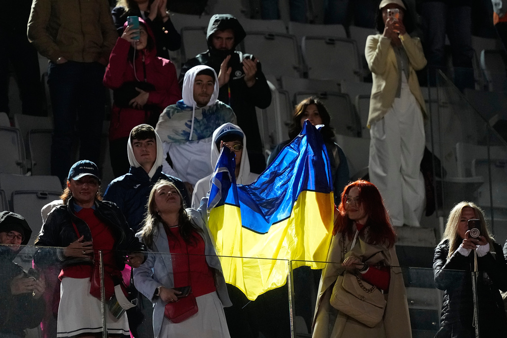 Fans show Ukraine's flag during the final match between Ukraine's Elina Svitolina and United States' Coco Gauff at the Italian Open tennis tournament in Rome, Saturday, May 16, 2026. (AP Photo/Alessandra Tarantino)