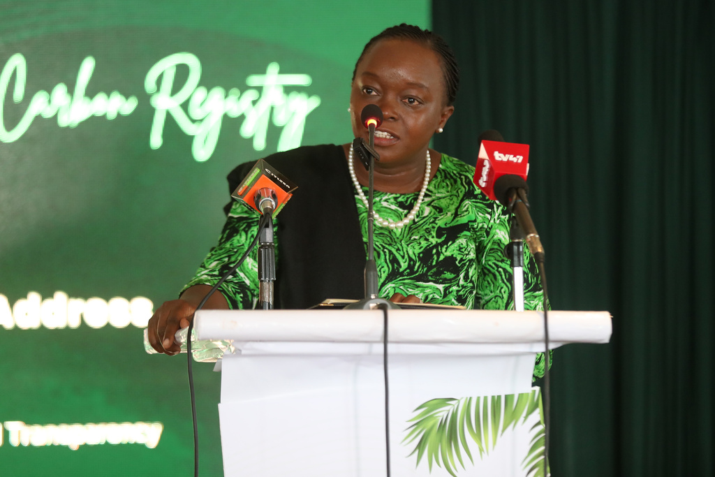 Deborah Mlongo Barasa, Cabinet Secretary for Environment, Climate Change, and Forestry in Kenya, speaks during the launch of the National Carbon Registry in Nairobi, Kenya, Tuesday, Feb. 17, 2026. (AP Photo/Henry Naminde)