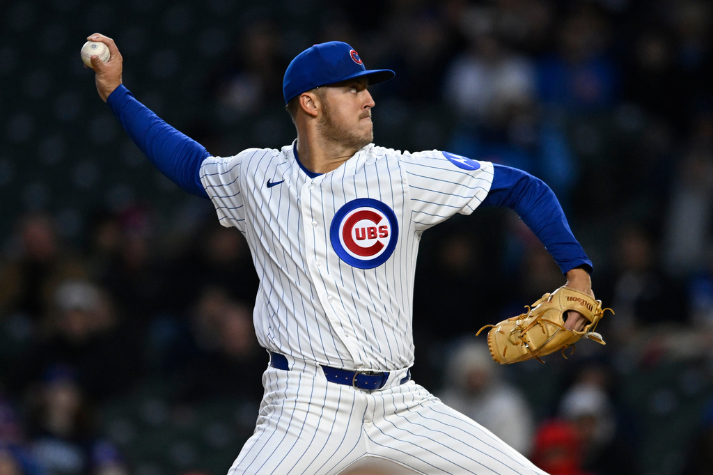Chicago Cubs starter Jameson Taillon delivers a pitch during the first inning of a baseball game against the Los Angeles Angels in Chicago, Tuesday, March 31, 2026. (AP Photo/Paul Beaty)
