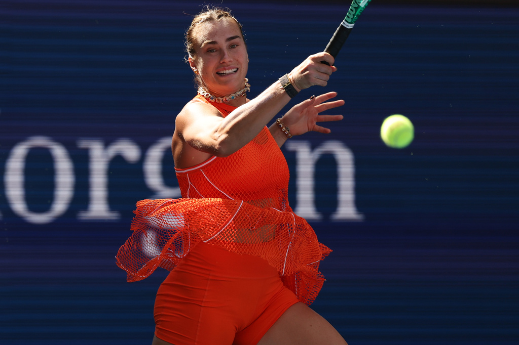 Aryna Sabalenka, of Belarus, returns the ball to Kamilla Rakhimova, of Uzbekistan, during the third round of the U.S. Open tennis championships Friday, Sept. 4, 2026, in New York. (AP Photo/Heather Khalifa)