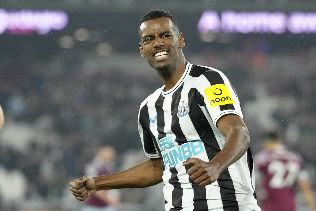 FILE - Newcastle's Alexander Isak celebrates after scoring his side's fourth goal during the English Premier League soccer match between West Ham United and Newcastle United at The London stadium in London, Wednesday, April 5, 2023. (AP Photo/Kirsty Wigglesworth, File)