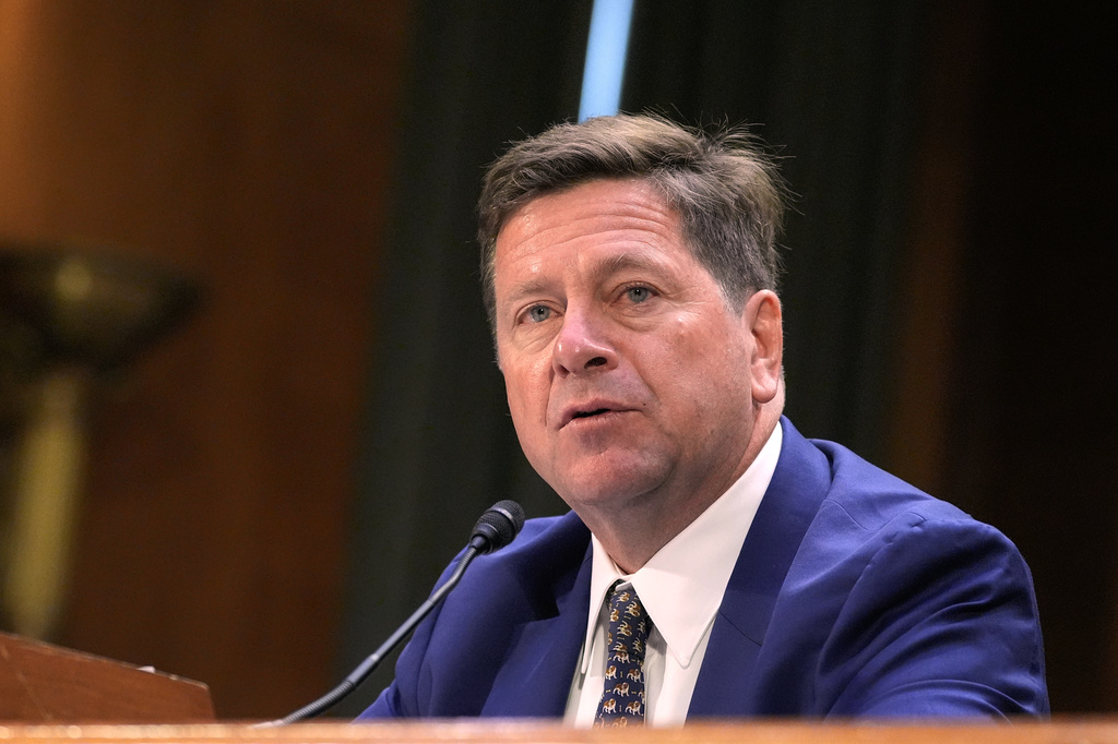 FILE - Jay Clayton testifies during a Senate Intelligence Committee confirmation hearing to be the next Director of National Intelligence, on Capitol Hill, July 15, 2026, in Washington. (AP Photo/Mariam Zuhaib, File)