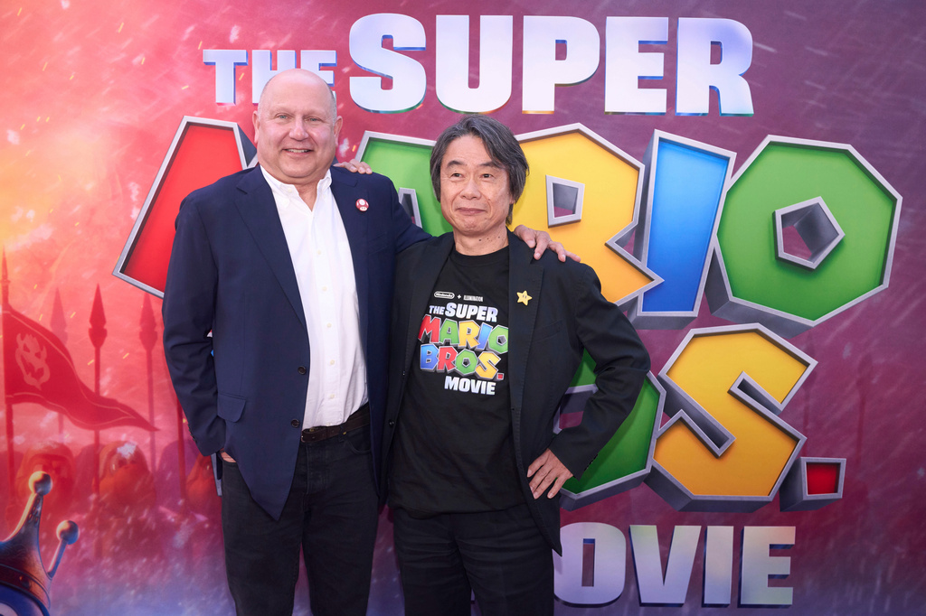 FILE - Chris Meledandri, left, and Shigeru Miyamoto pose at the premiere of "The Super Mario Bros. Movie" in Los Angeles on April 1, 2023. (Photo by Allison Dinner/Invision/AP, File)