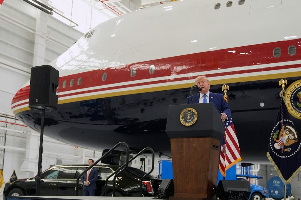 President Donald Trump speaks after touring the newly designated Air Force One presidential aircraft at Joint Base Andrews, Md., Friday, June 19, 2026. (AP Photo/Manuel Balce Ceneta)
