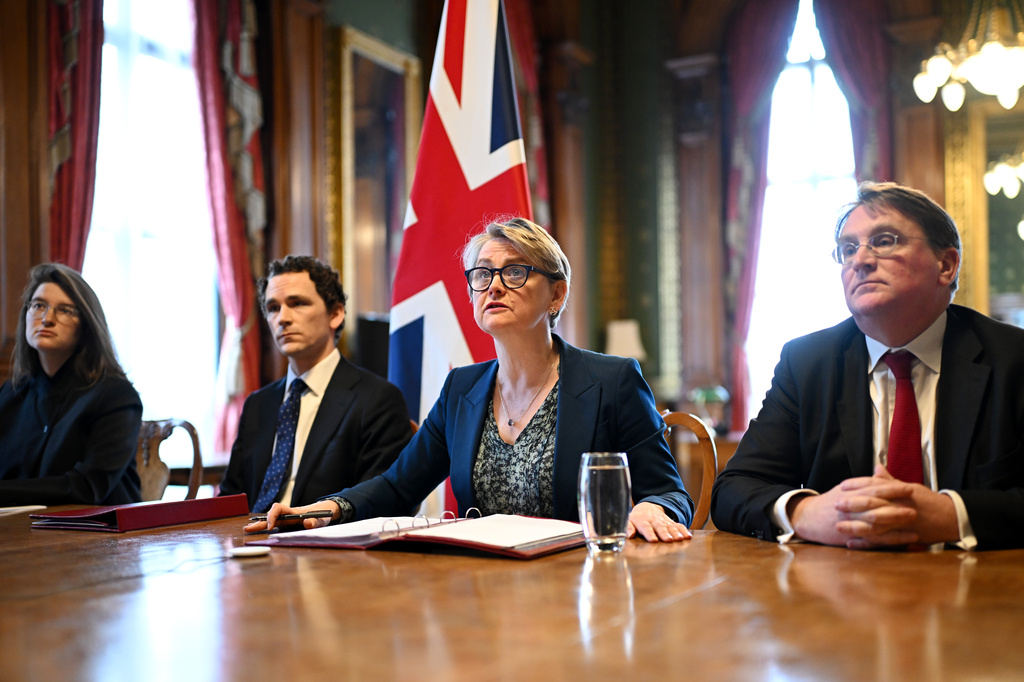 Britain's Foreign Secretary Yvette Cooper, second right, attends a virtual summit at the Foreign & Commonwealth Office in London, on Thursday April 2, 2026, with around 35 countries to discuss ways of reopening the Strait of Hormuz. (Leon Neal/Pool Photo via AP)