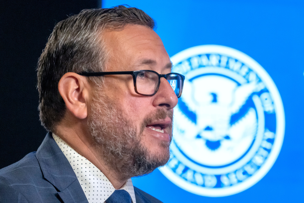 Director of U.S. Citizenship and Immigration Services Joseph Edlow speaks during an interview with the Associated Press at the agency's headquarters Monday, Sept. 8, 2025, in Camp Springs, Md. (AP Photo/Mark Schiefelbein)