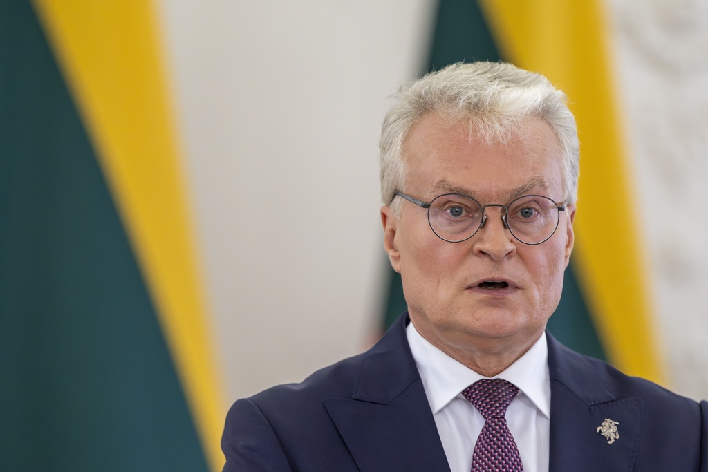 FILE - Lithuania's President Gitanas Nauseda speaks during a presser at the Presidential palace in Vilnius, Lithuania, Monday, Sept. 8, 2025. (AP Photo/Mindaugas Kulbis, File)