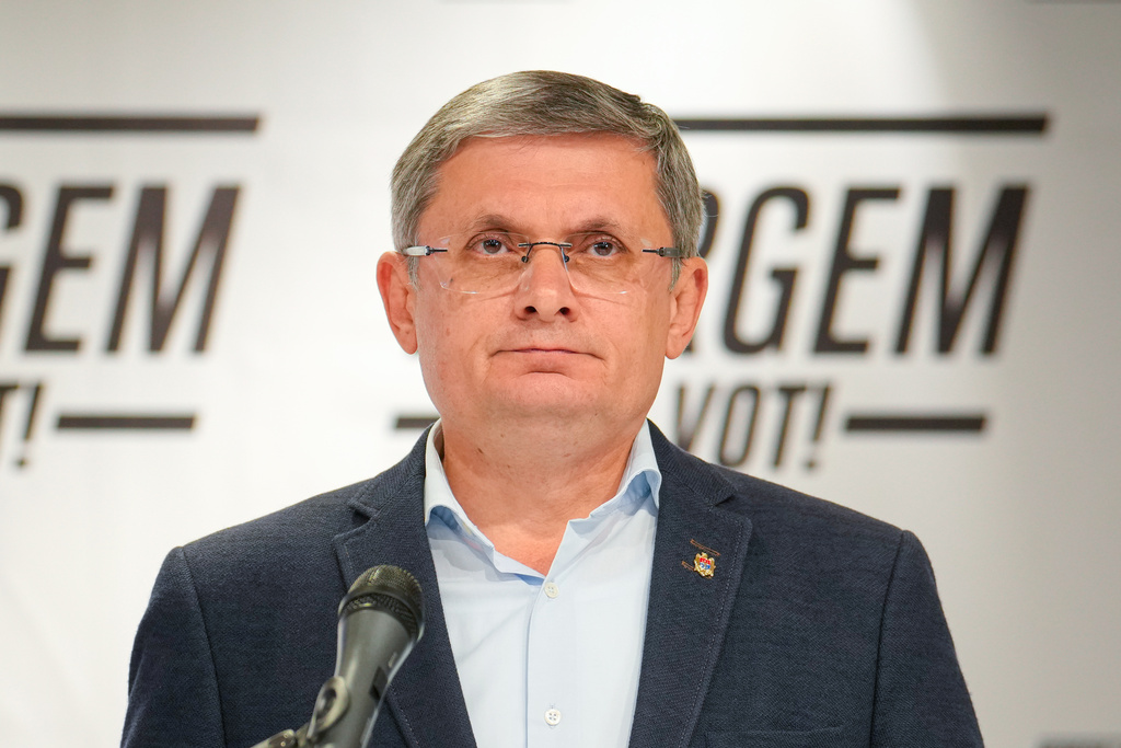 Igor Grosu, president of Moldova's parliament and leader of the pro-EU Party of Action and Solidarity speaks to the media during a press briefing after the polls closed for the parliamentary election, in Chisinau, Moldova, Sunday, Sept. 28, 2025. (AP Photo/Vadim Ghirda)