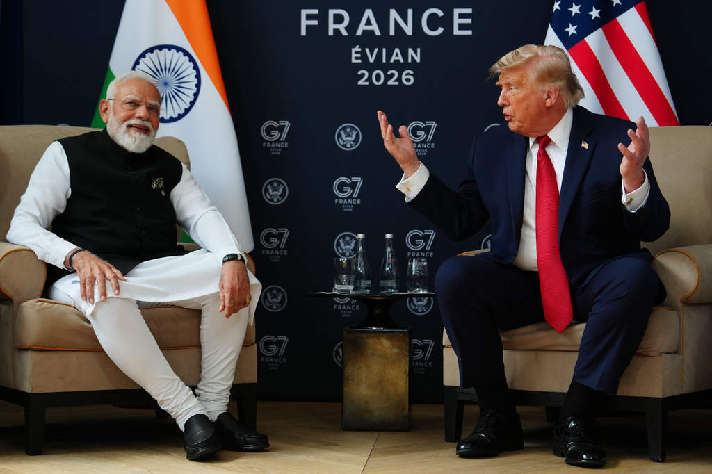 U.S. President Donald Trump meets with India's Prime Minister Narendra Modi on the sidelines of the G7 summit, Wednesday, June 17, 2026, in Evian-les-Bains, France. (AP Photo/Julia Demaree Nikhinson)