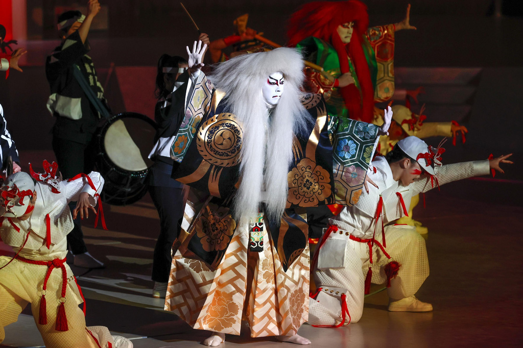 Kabuki actor Kikunosuke Onoe, center, performs during the opening ceremony of Osaka Expo in Osaka on April 12, 2025. (Kyodo News via AP)