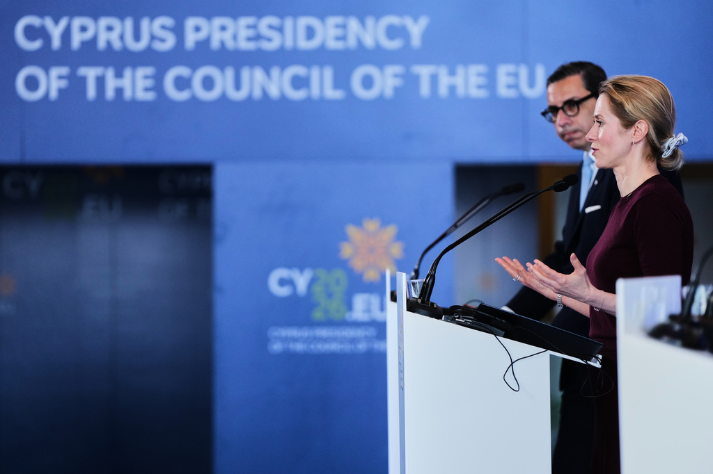 European Union foreign policy chief Kaja Kallas, right, and Cypriot Foreign Minister Constantinos Kombos talk to the media after the Informal meeting of EU Foreign ministers, in the port city of Limassol, Cyprus, Thursday, May 28, 2026. (AP Photo/Petros Karadjias)